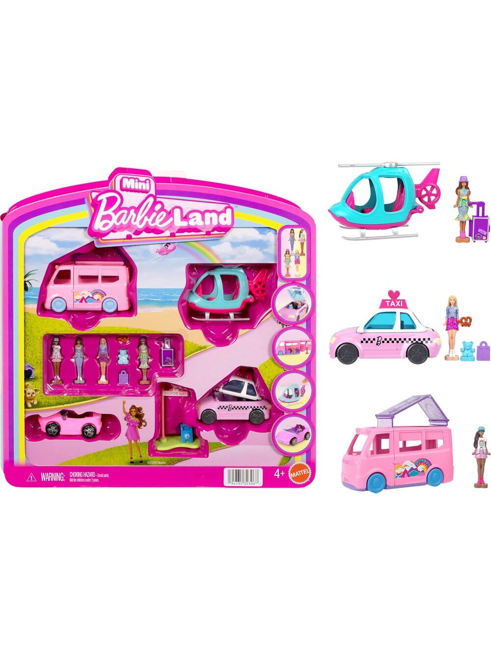 Barbieland  Mini Land 4-Pack, Set with 4 1.5-inch Mini Dolls, 4 Toy Vehicles NWT